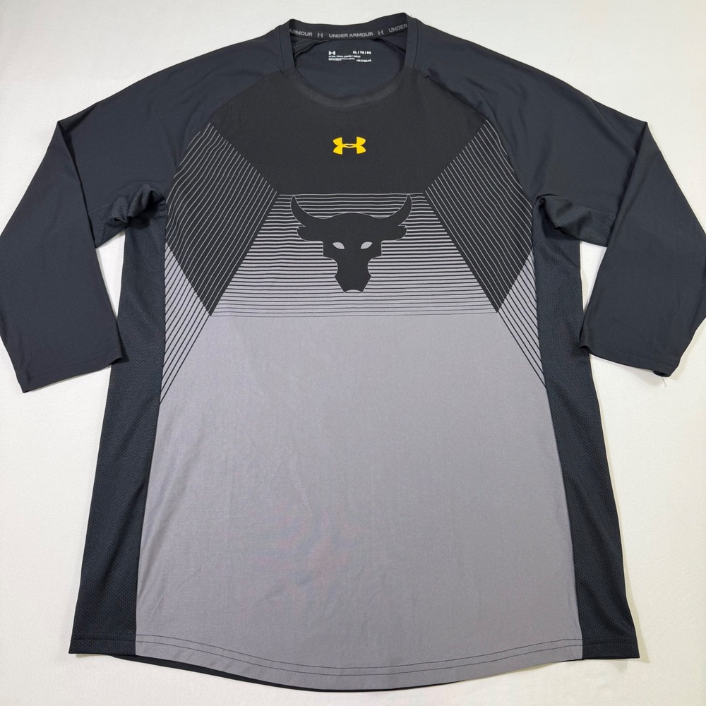 Under Armour Project Rock Shirt Mens XL Gray Black Chase Greatness 3/4 Sleeve